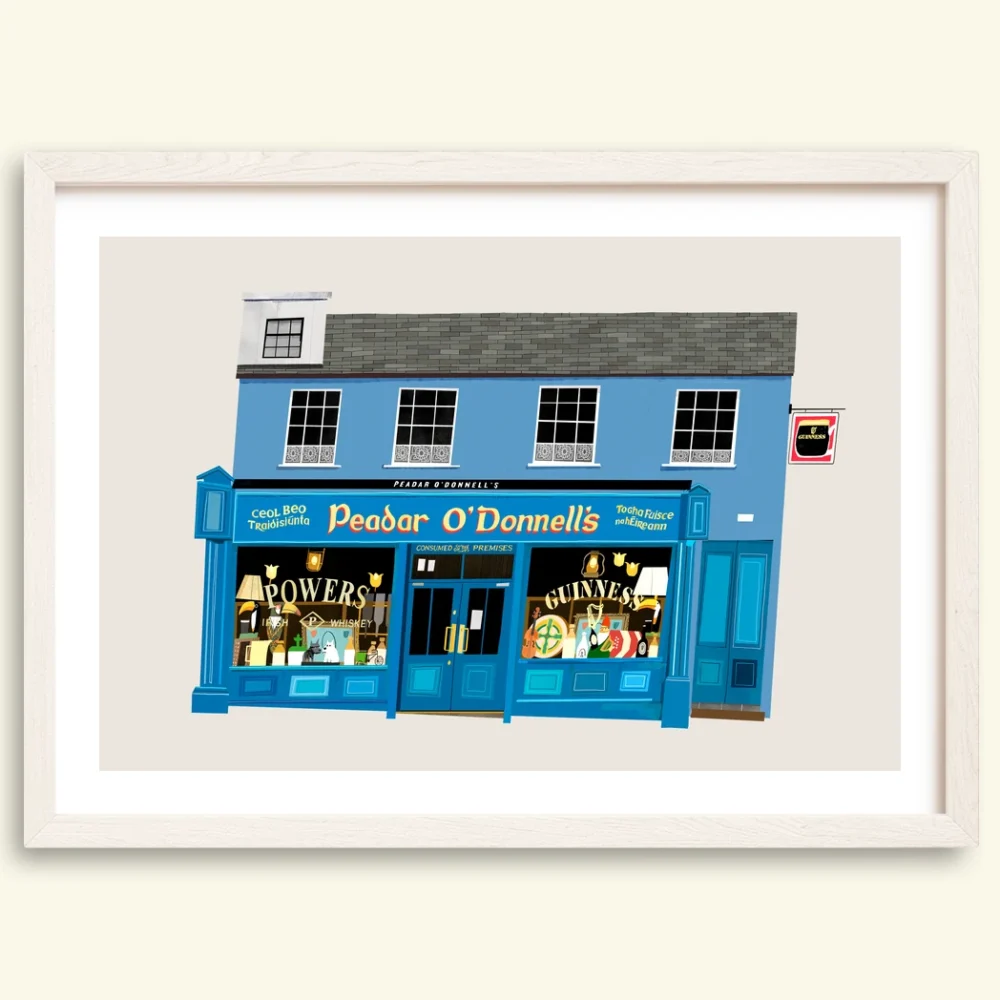 Peadar O'Donnell's Derry pub print in a white frame
