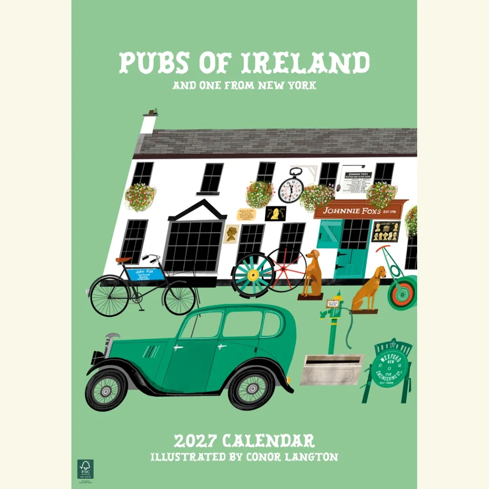 Pubs Of Ireland Calendar 2027 cover, illustrated by Conor Langton, showing Johnnie Fox's in Glencullen, Co. Dublin