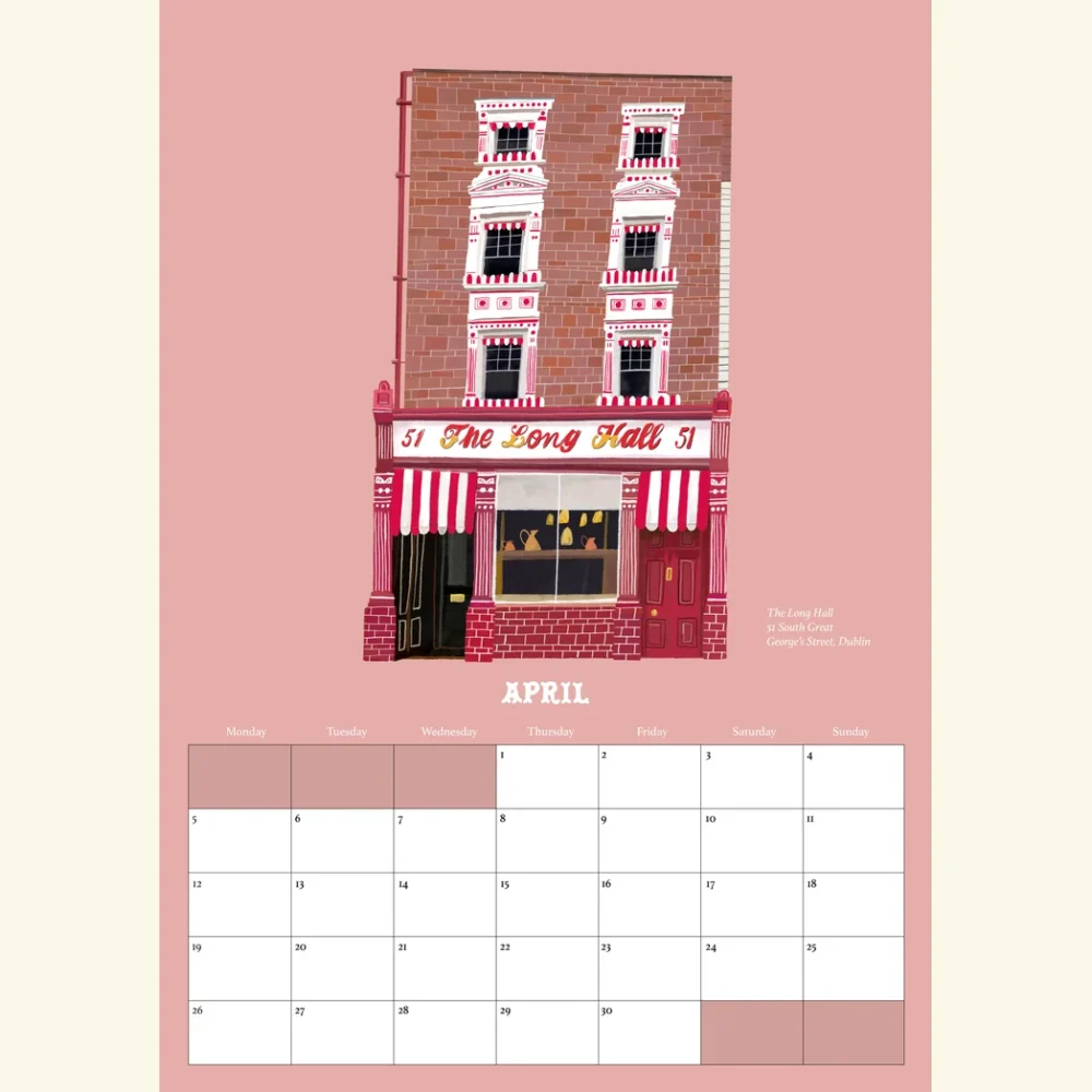 April in the Pubs Of Ireland Calendar 2027, an illustration of The Long Hall on South Great George's Street, Dublin, by Conor Langton