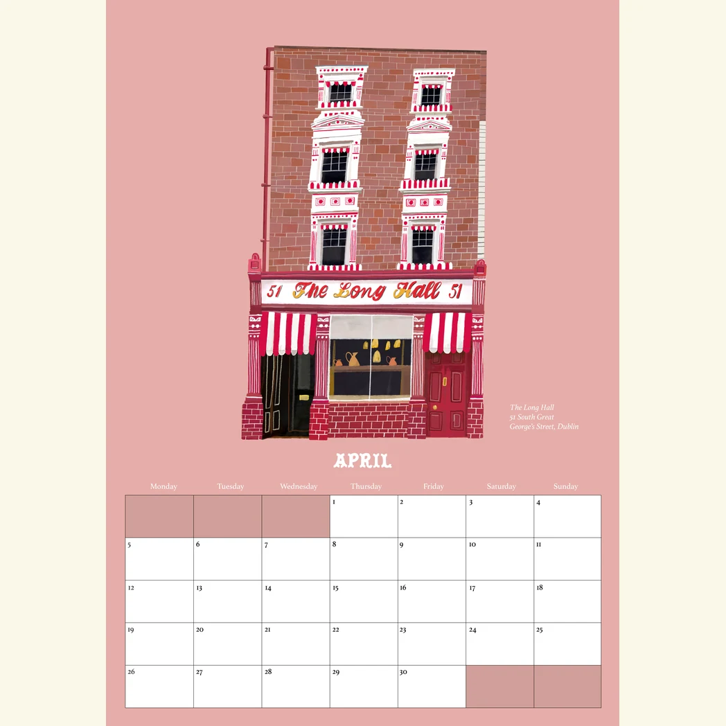 Pubs Of Ireland Calendar 2027 - A3 Size 6 April in the Pubs Of Ireland Calendar 2027, an illustration of The Long Hall on South Great George's Street, Dublin, by Conor Langton