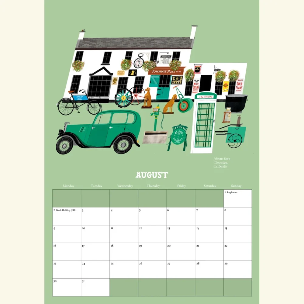 August in the Pubs Of Ireland Calendar 2027, an illustration of Johnnie Fox's at Glencullen, Co. Dublin, by Conor Langton