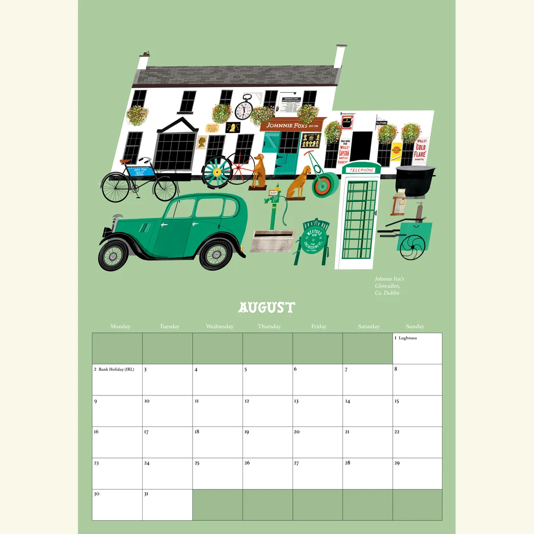Pubs Of Ireland Calendar 2027 - A3 Size 10 August in the Pubs Of Ireland Calendar 2027, an illustration of Johnnie Fox's at Glencullen, Co. Dublin, by Conor Langton