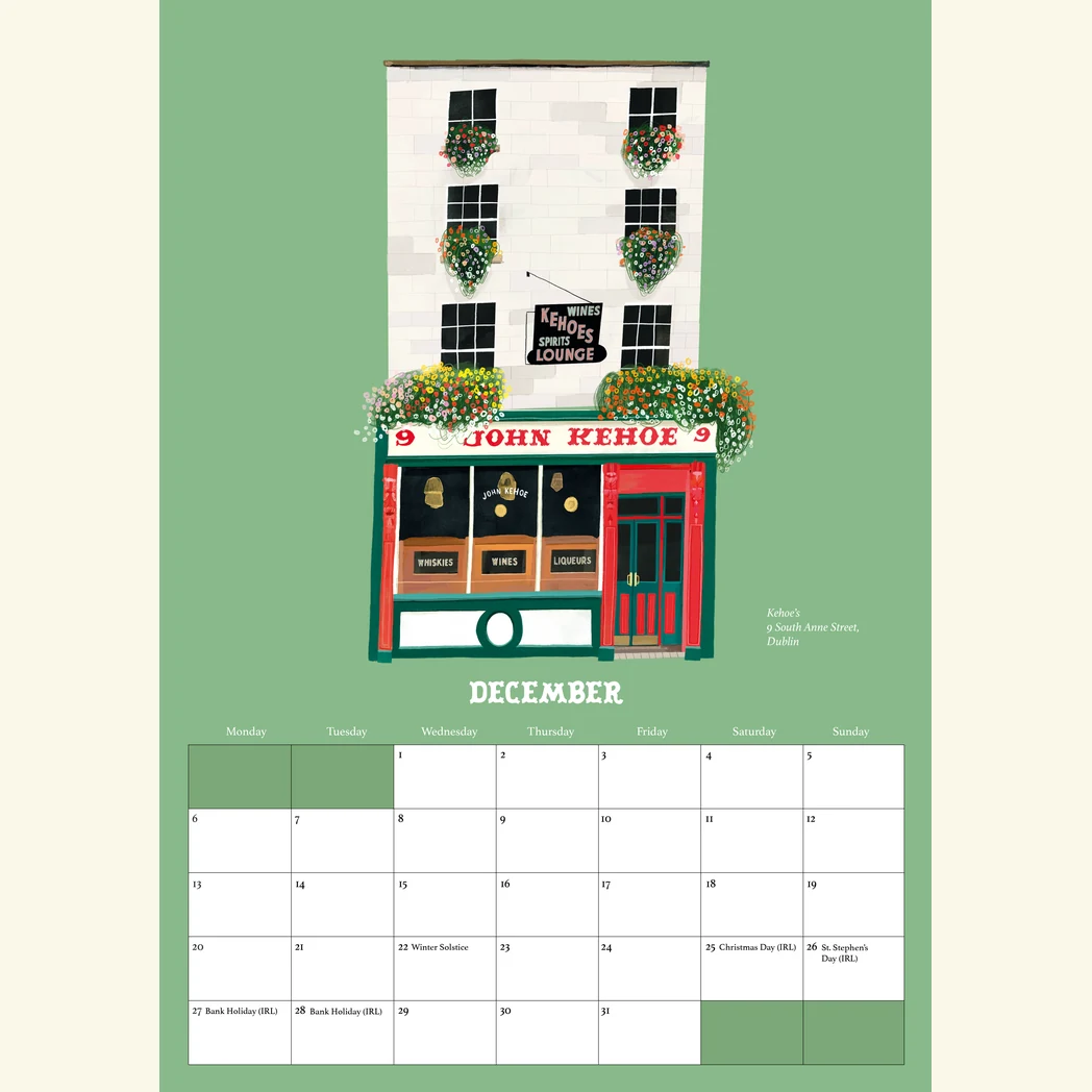 Pubs Of Ireland Calendar 2027 - A3 Size 14 December in the Pubs Of Ireland Calendar 2027, an illustration of Kehoe's on South Anne Street, Dublin, by Conor Langton