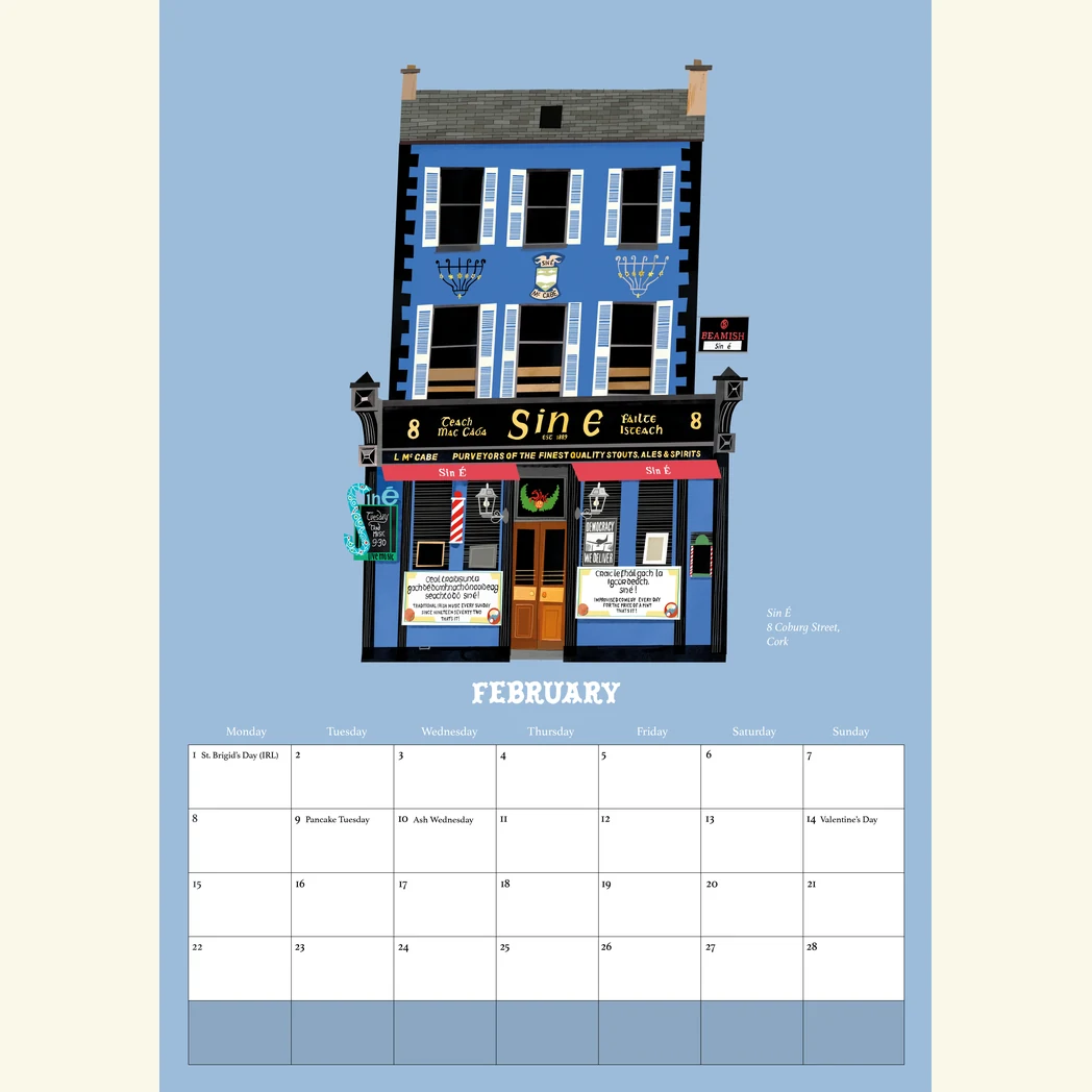 Pubs Of Ireland Calendar 2027 - A3 Size 4 February in the Pubs Of Ireland Calendar 2027, an illustration of Sin É on Coburg Street, Cork, by Conor Langton
