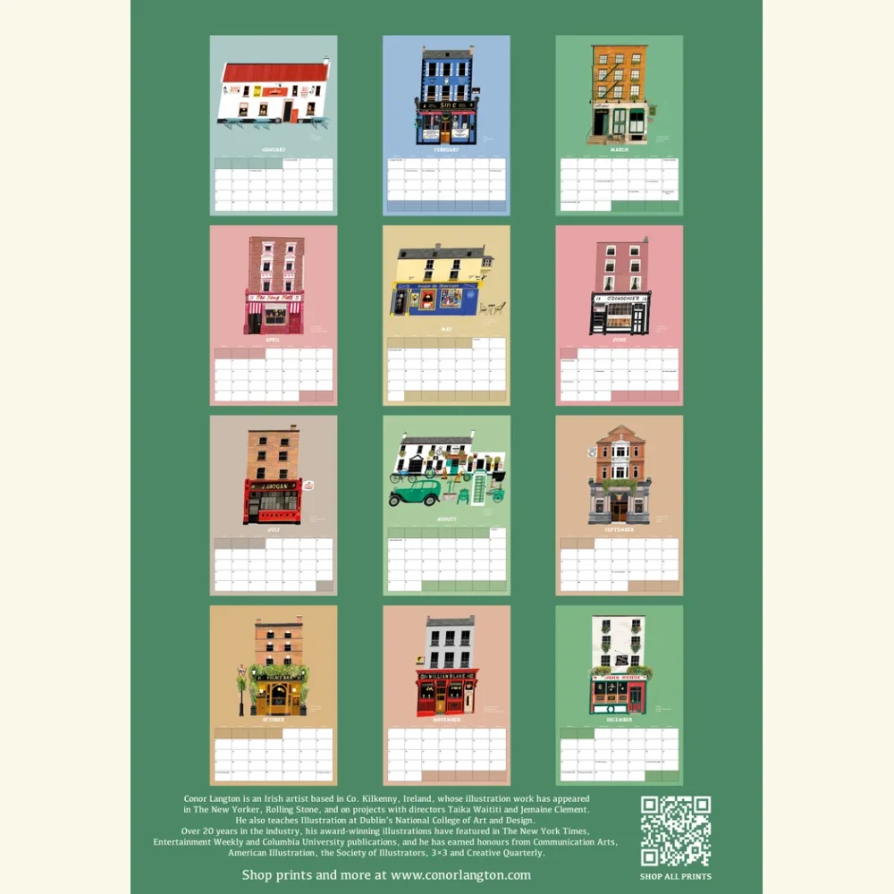 Inside cover of the Pubs Of Ireland Calendar 2027 showing all twelve months: Larkin's, Sin É, The Dead Rabbit, The Long Hall, Tigh Neachtain, O'Donoghue's, Grogan's, Johnnie Fox's, The Stag's Head, The Palace Bar, Blake's of the Hollow and Kehoe's
