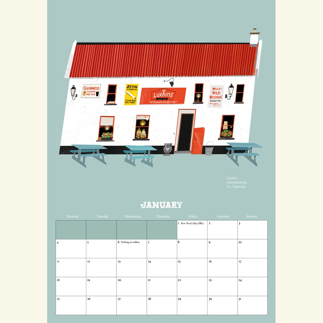 Pubs Of Ireland Calendar 2027 - A3 Size 3 January in the Pubs Of Ireland Calendar 2027, an illustration of Larkin's at Garrykennedy, Co. Tipperary, by Conor Langton