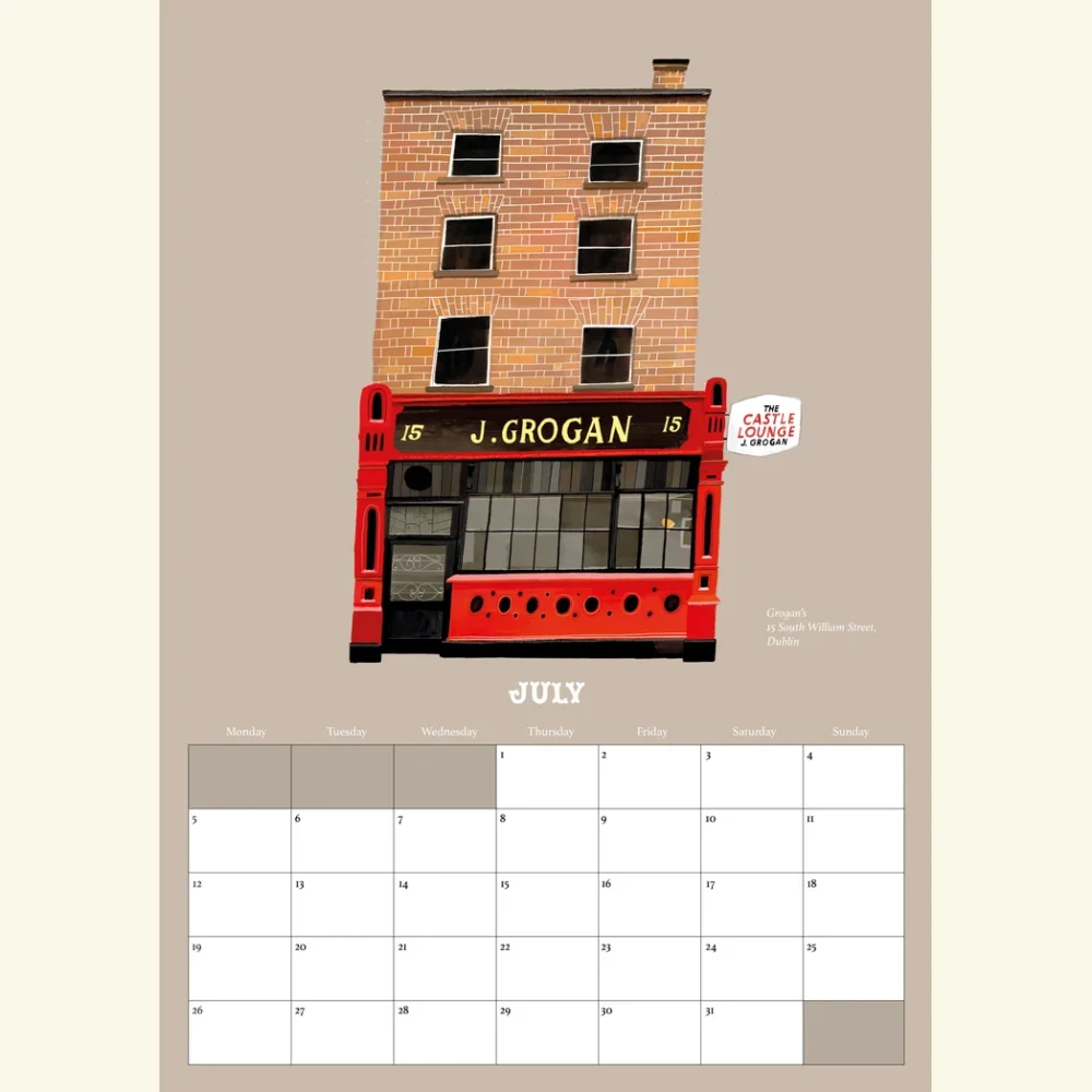 July in the Pubs Of Ireland Calendar 2027, an illustration of Grogan's, the Castle Lounge, on South William Street, Dublin, by Conor Langton