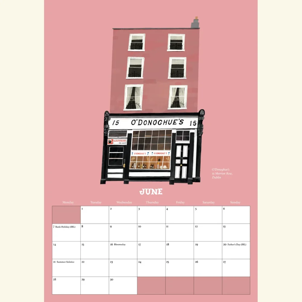 June in the Pubs Of Ireland Calendar 2027, an illustration of O'Donoghue's on Merrion Row, Dublin, by Conor Langton