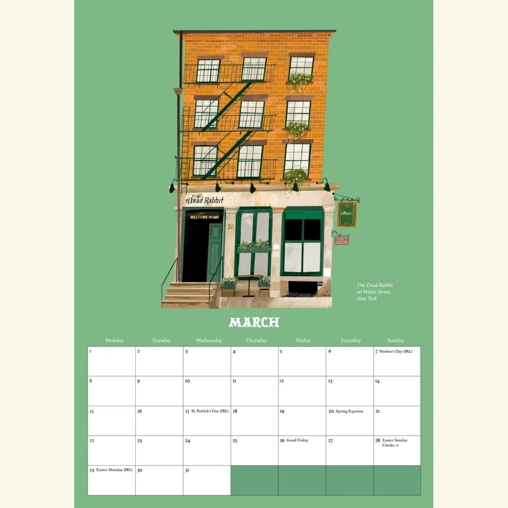 March in the Pubs Of Ireland Calendar 2027, an illustration of The Dead Rabbit on Water Street, New York, by Conor Langton