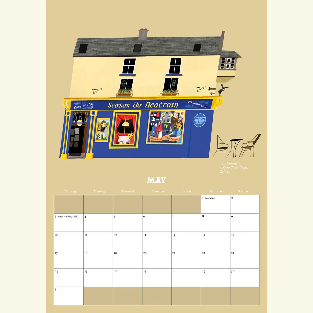 Pubs Of Ireland Calendar 2027 - A3 Size 7 May in the Pubs Of Ireland Calendar 2027, an illustration of Tigh Neachtain on Cross Street Upper, Galway, by Conor Langton