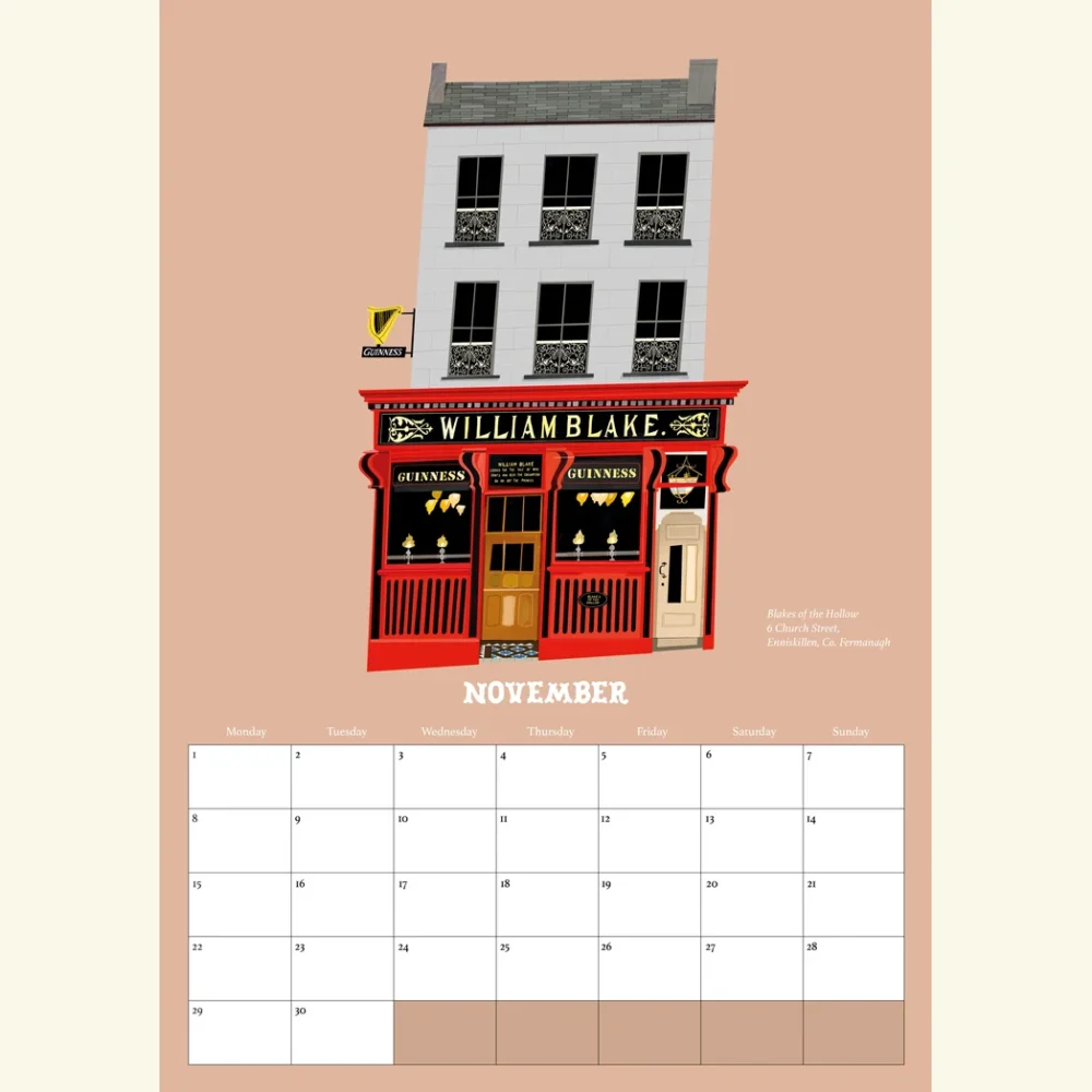 November in the Pubs Of Ireland Calendar 2027, an illustration of Blake's of the Hollow on Church Street, Enniskillen, by Conor Langton
