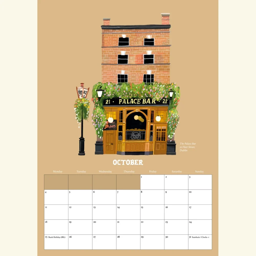 October in the Pubs Of Ireland Calendar 2027, an illustration of The Palace Bar on Fleet Street, Dublin, by Conor Langton