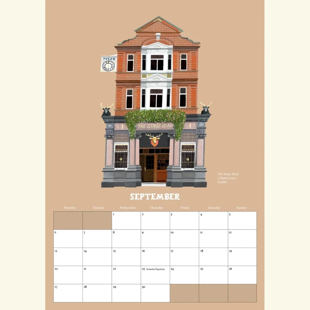 September in the Pubs Of Ireland Calendar 2027, an illustration of The Stag's Head on Dame Court, Dublin, by Conor Langton